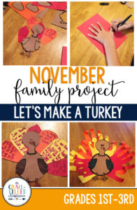 My students and their families really enjoy family projects because it gives them an opportunity to work together (without anyone pulling out their hair.)These projects are easy to prep and have everything needed for it run successfully. The only thing you need to provide for this project is the construction paper and the turkey body!