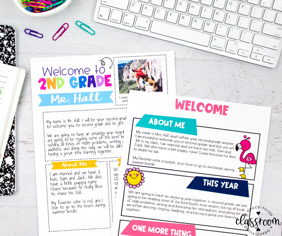 A 2nd grade colorful student welcome letter sits on a notebook