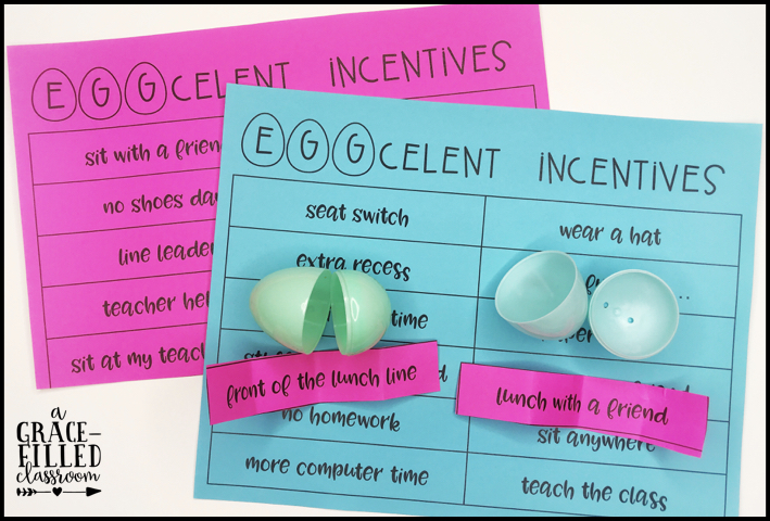 two sheets of paper with the title Eggcelent Incentives with two eggs that have a slip of paper. Each slip of paper has a classroom incentive that can be used.