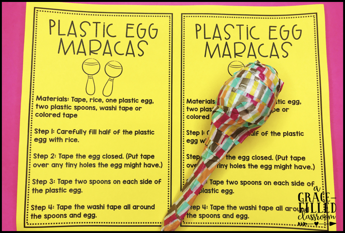 a sheet of paper that says plastic egg maracas and a maraca wrapped in tape