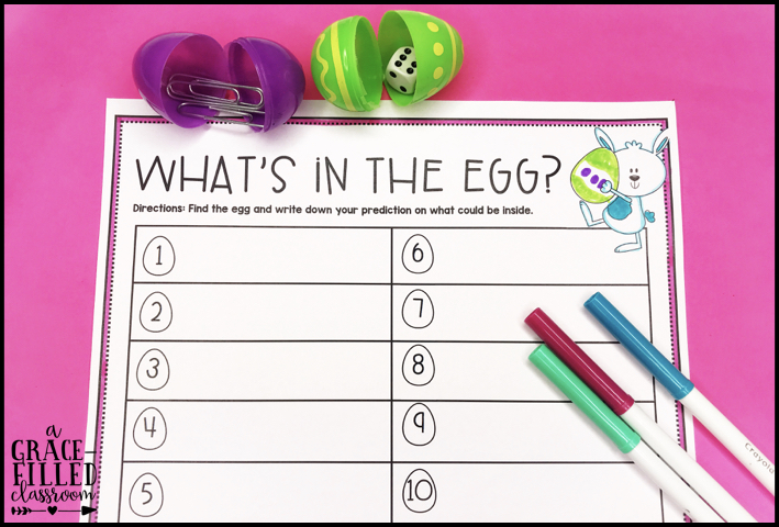 One page printable and eggs around it. The page has the title What's in the egg? and gives ideas on how to reuse plastic Easter Eggs