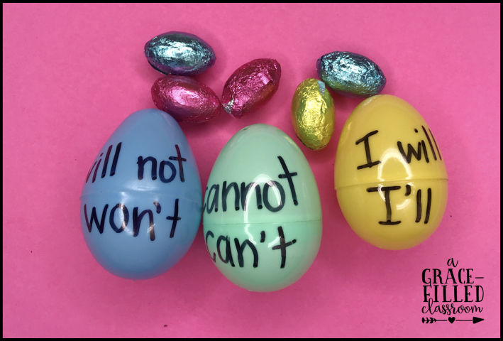 3 plastic eggs with contractions written on them for example, will not and wont