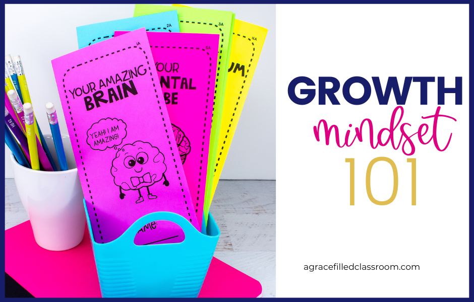 a basket holding colorful growth mindset brochures for students