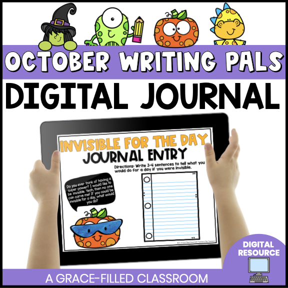 a cover of the product October Writing Pals shows a child holding an ipad with a prompt for a journal entry