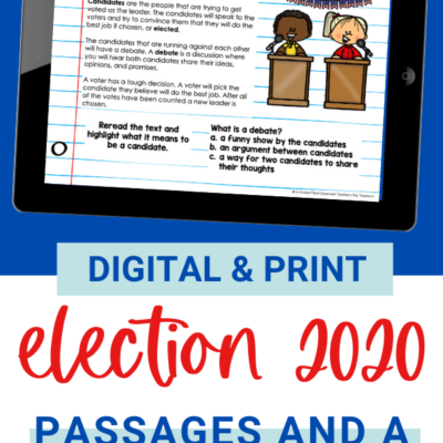 pinterest image with the election 2020 title and an ipad showing a Google slides image with the title what is an election