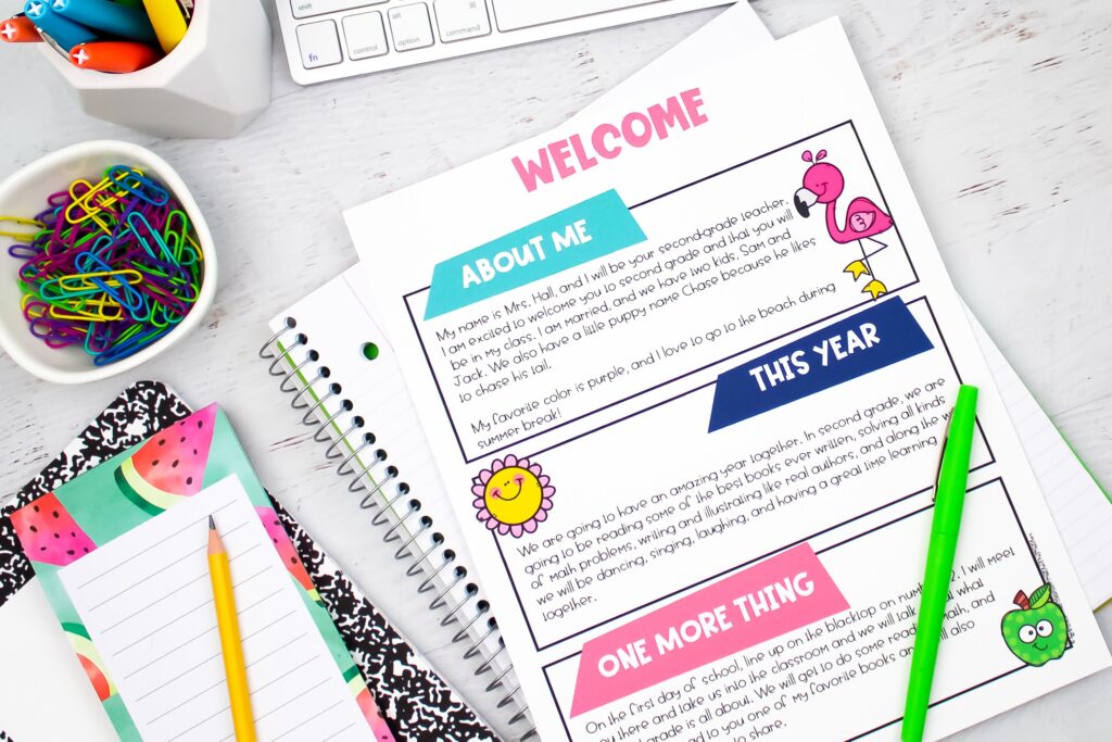 A colorful student welcome letter sits on a notebook