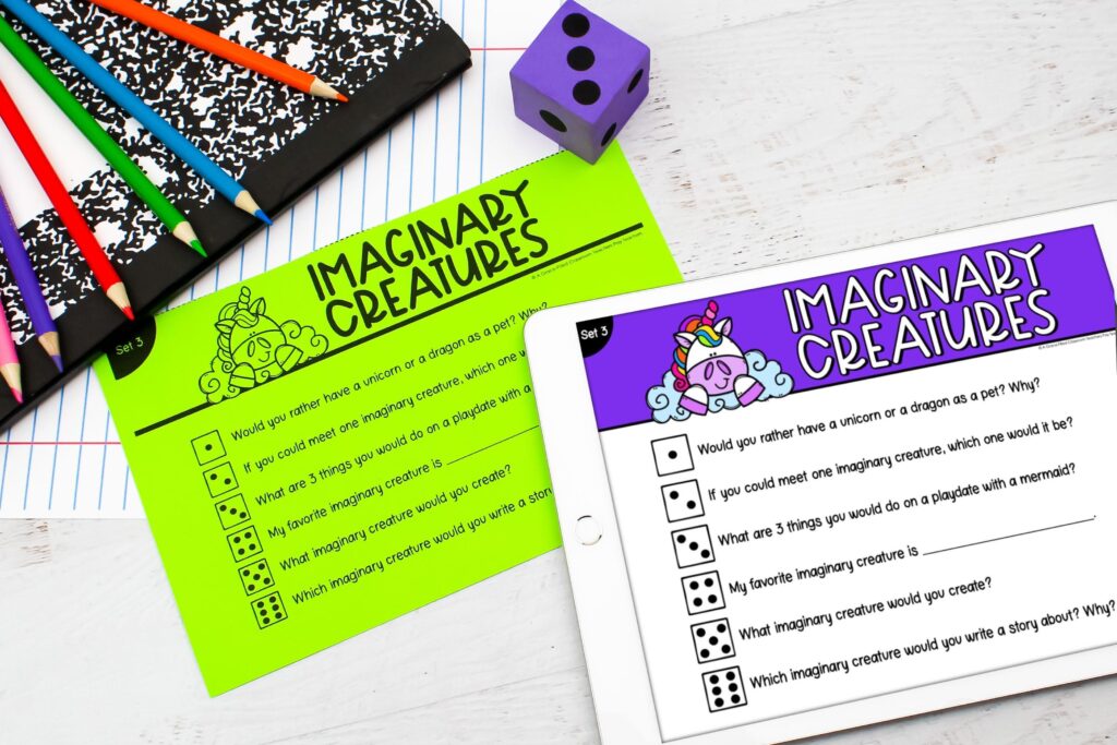 A dice rolling getting to know you activity with questions about imaginary creatures