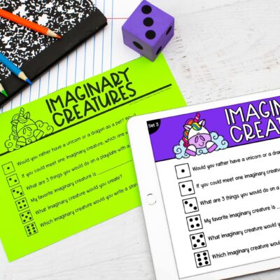A dice rolling getting to know you activity with questions about imaginary creatures