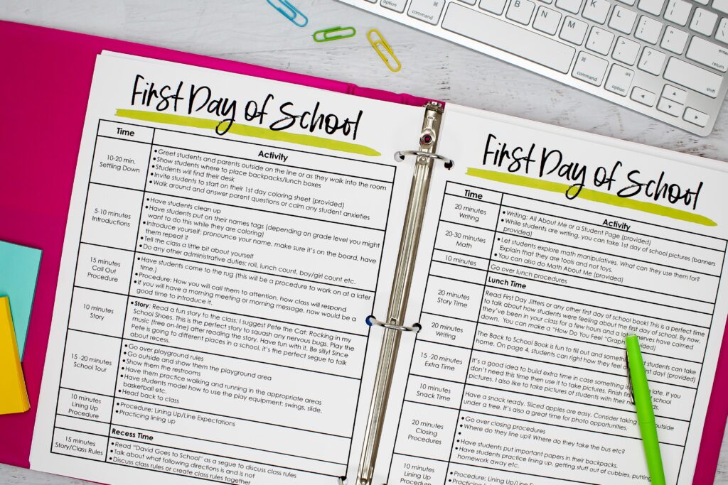 A notebook with first day of school lesson plan