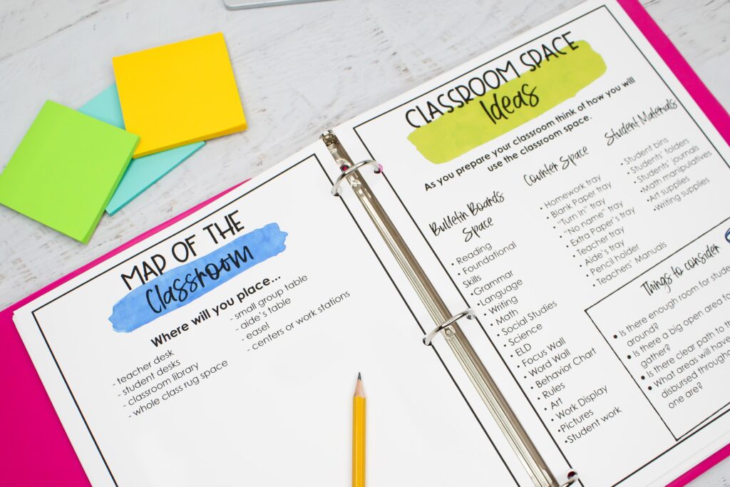 Notebook with a map of the classroom and classroom space planning worksheets
