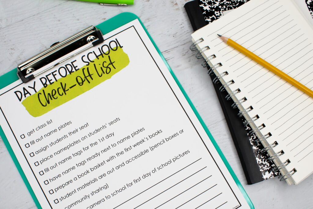 Before school check-off list on a clipboard