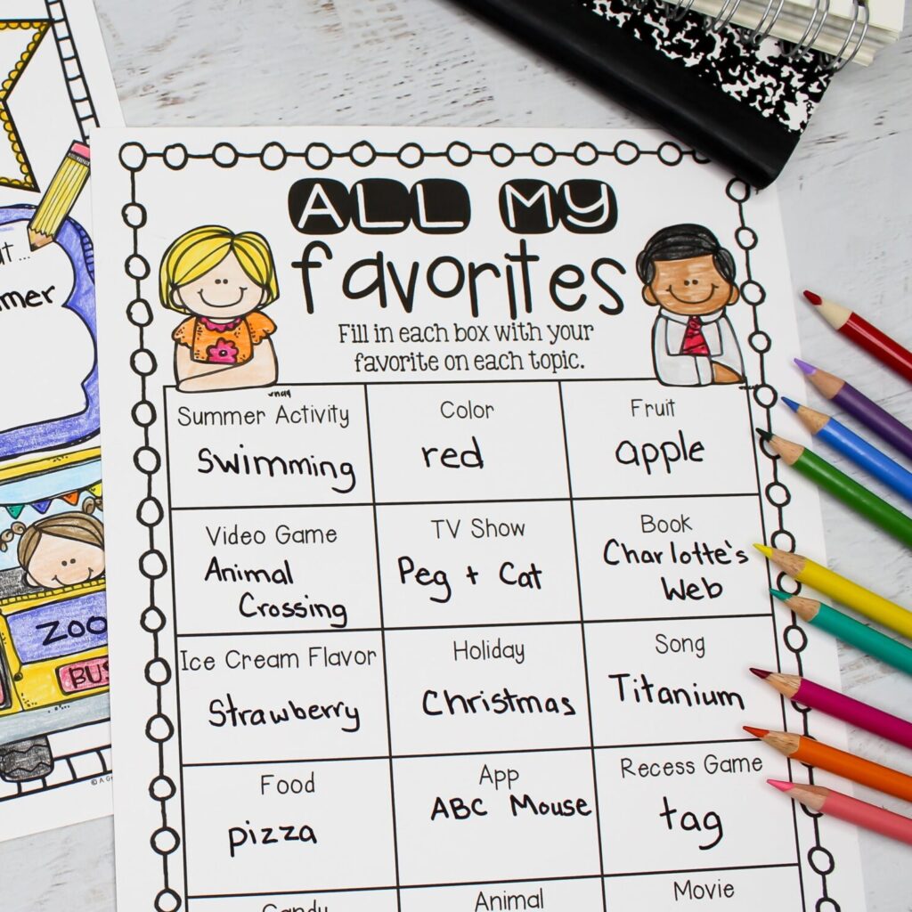 A worksheet titled "All My Favorites"