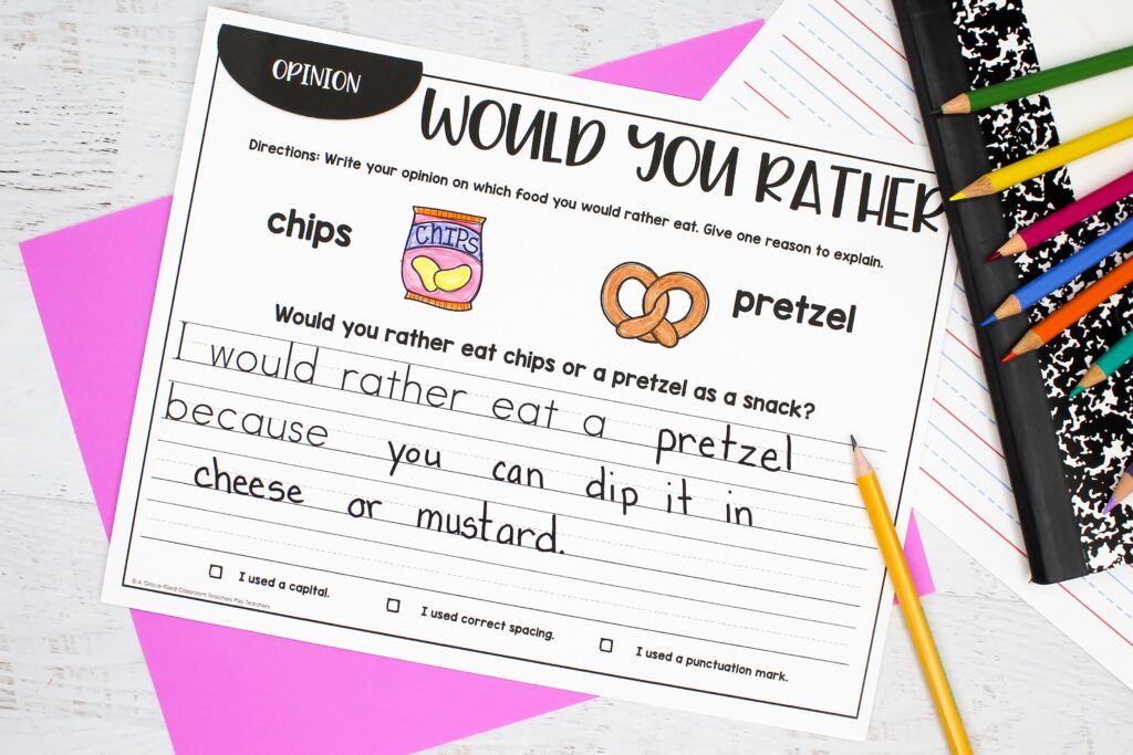 A Would You Rather writing activity for pretzels and chips