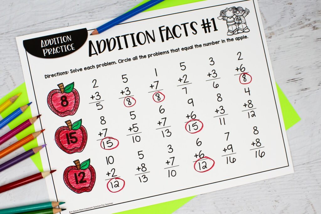 An addition facts worksheet
