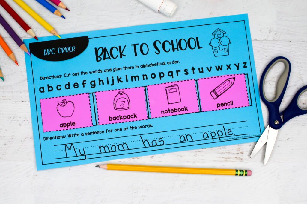 A back to school cut and paste alphabetizing activity