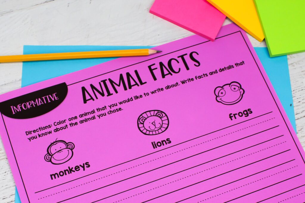 Close-up of an Animal Facts writing worksheet