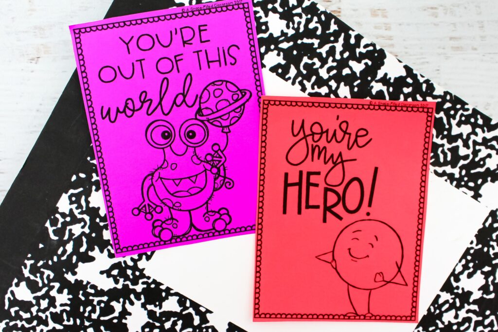 Colorful notes that say "You're out of this world" and "You're My Hero!"
