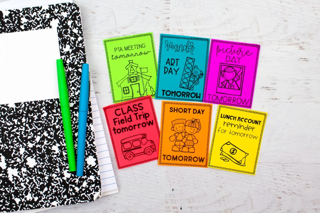 A collection of six colorful reminder notes for parents