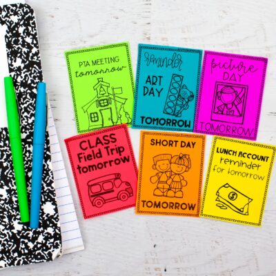 A collection of six colorful reminder notes for parents