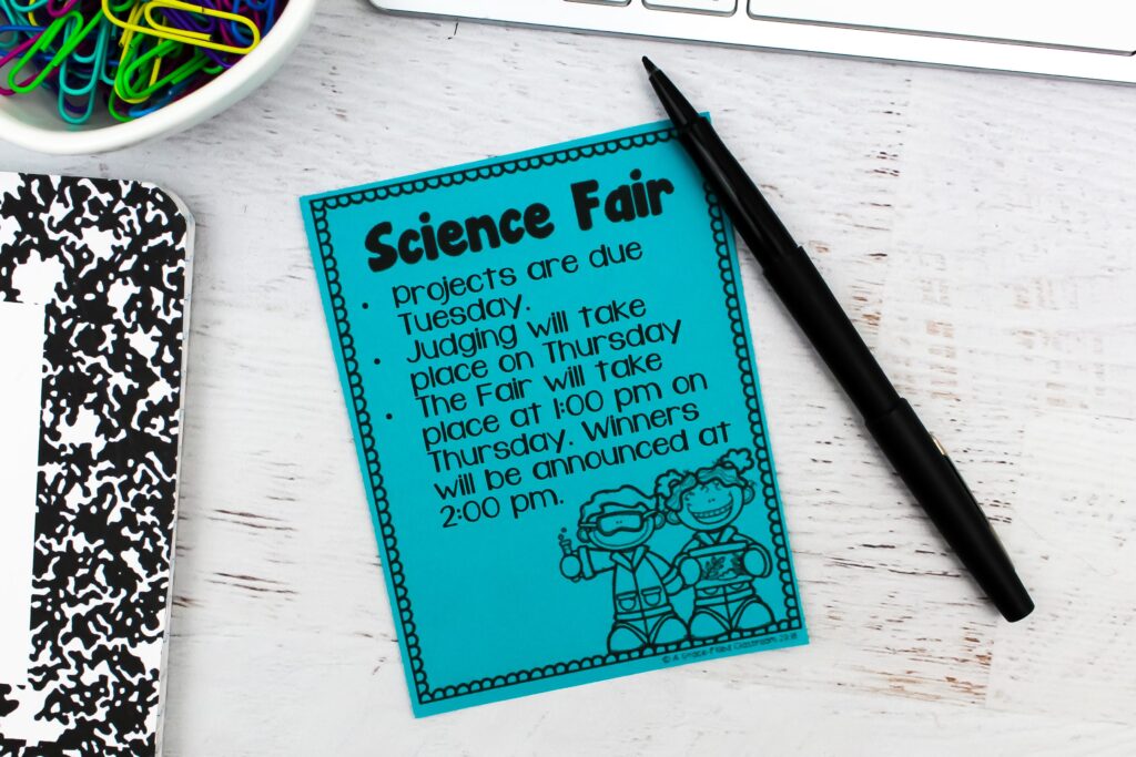 A blue science fair reminder checklist