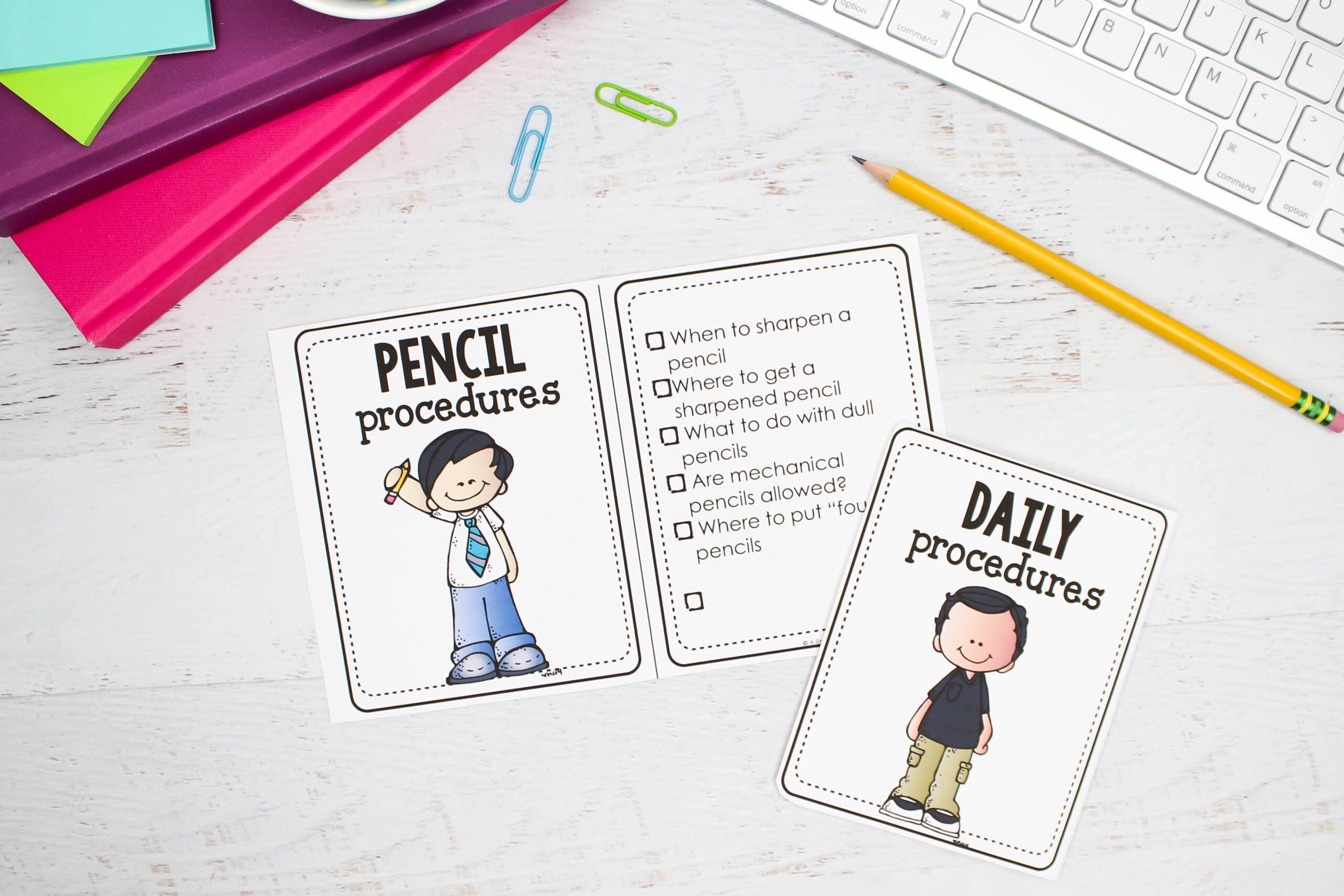 Pencil and daily procedures cards
