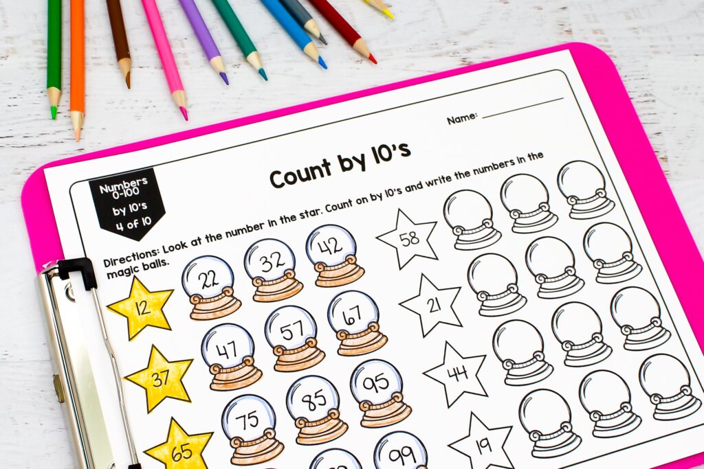A count by 10s worksheet with non-landmark items