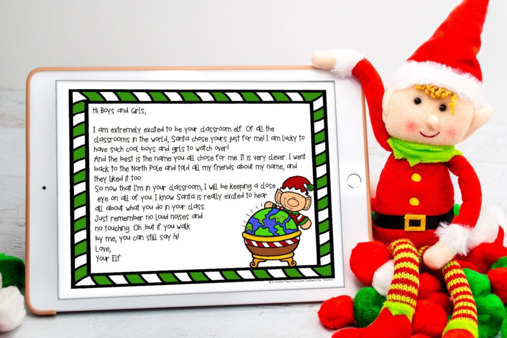 An elf sits next to an iPad with a note