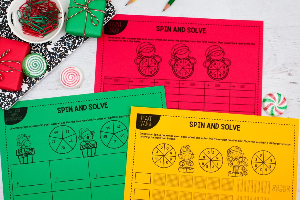Three colorful spin and solve activities for math practice
