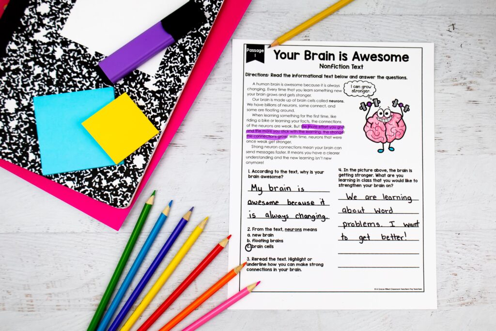 A reading passage titled "Your Brain is Awesome"
