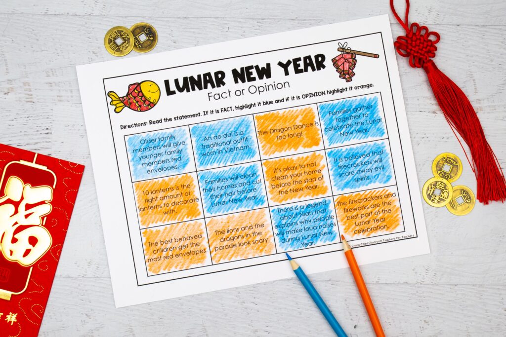 Lunar New Year fact and opinion worksheet