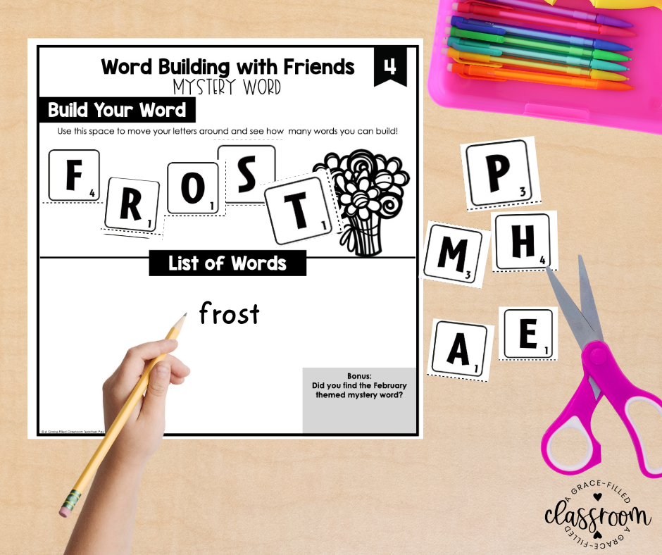 A word building game and recording sheet
